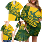 Personalized Australia Swimming Athlete Family Matching Off Shoulder Short Dress and Hawaiian Shirt Bold Swimmer Silhouette With Indigenous Pattern Accents