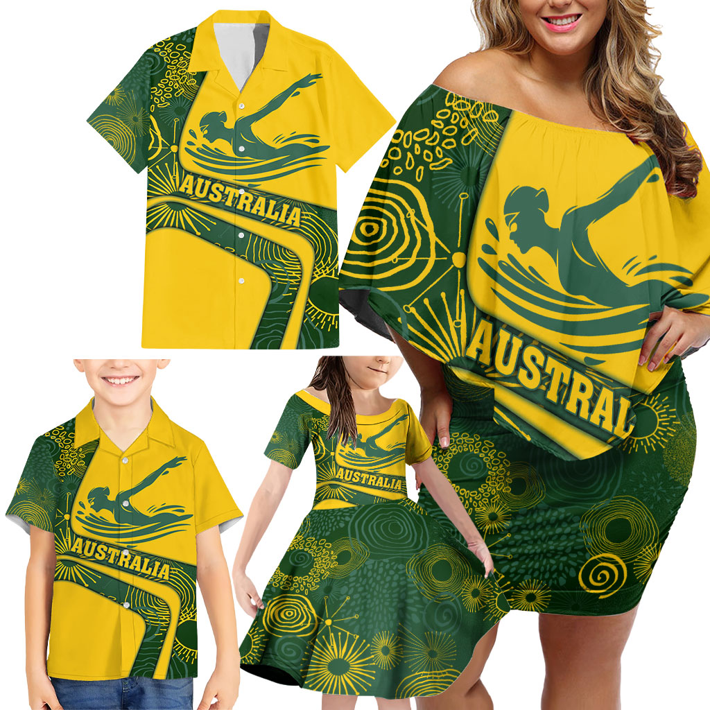 Personalized Australia Swimming Athlete Family Matching Off Shoulder Short Dress and Hawaiian Shirt Bold Swimmer Silhouette With Indigenous Pattern Accents