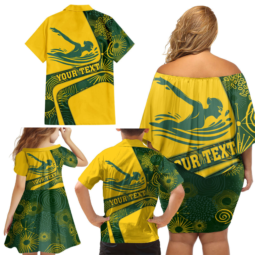 Personalized Australia Swimming Athlete Family Matching Off Shoulder Short Dress and Hawaiian Shirt Bold Swimmer Silhouette With Indigenous Pattern Accents
