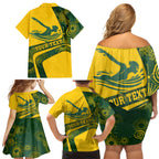 Personalized Australia Swimming Athlete Family Matching Off Shoulder Short Dress and Hawaiian Shirt Bold Swimmer Silhouette With Indigenous Pattern Accents