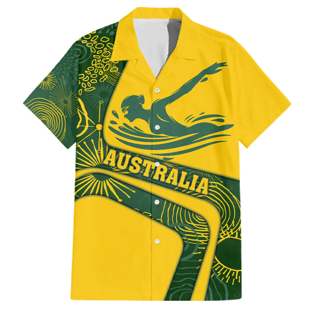 Personalized Australia Swimming Athlete Family Matching Off Shoulder Short Dress and Hawaiian Shirt Bold Swimmer Silhouette With Indigenous Pattern Accents