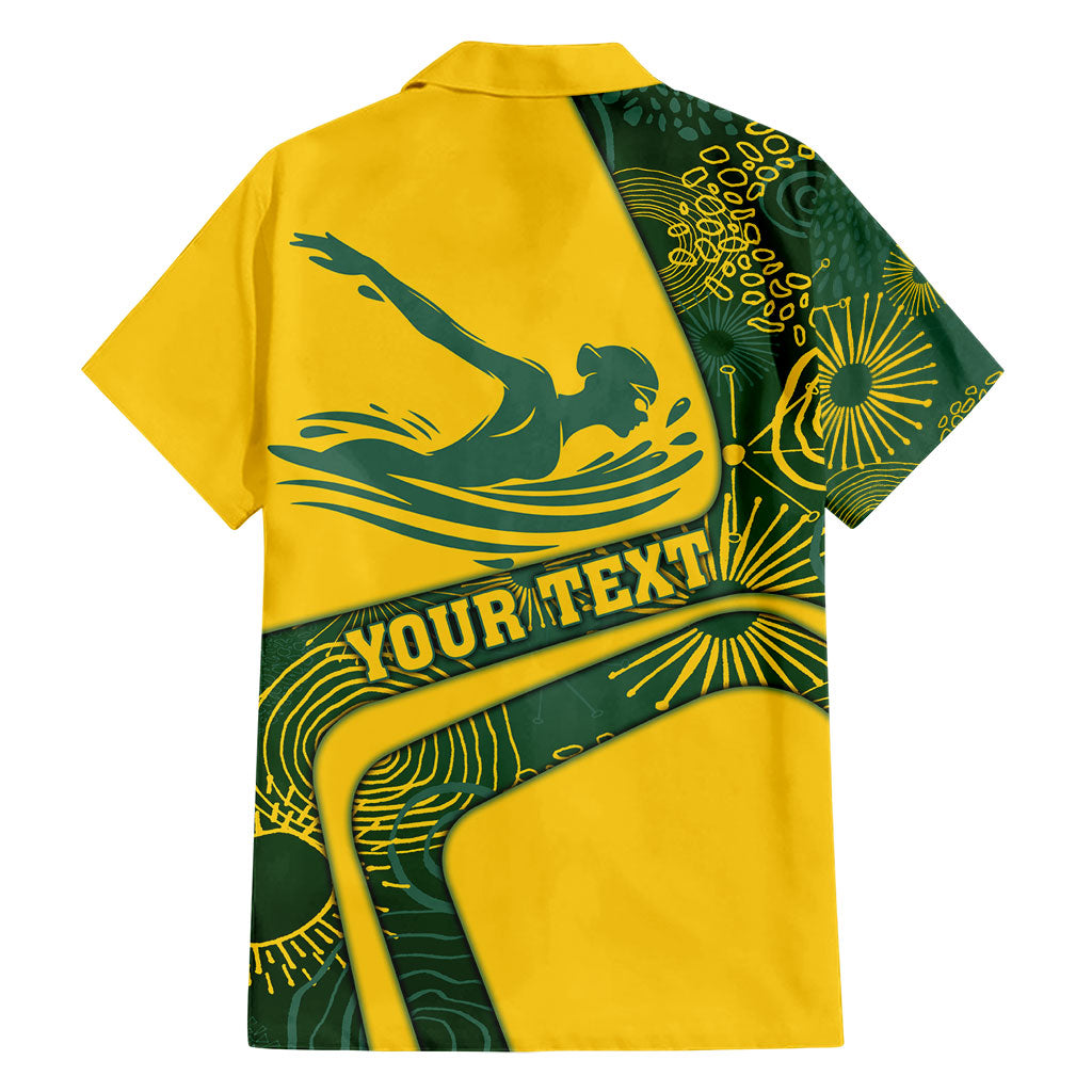 Personalized Australia Swimming Athlete Family Matching Off Shoulder Short Dress and Hawaiian Shirt Bold Swimmer Silhouette With Indigenous Pattern Accents