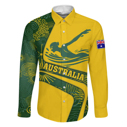 Personalized Australia Swimming Athlete Family Matching Off Shoulder Short Dress and Hawaiian Shirt Bold Swimmer Silhouette With Indigenous Pattern Accents