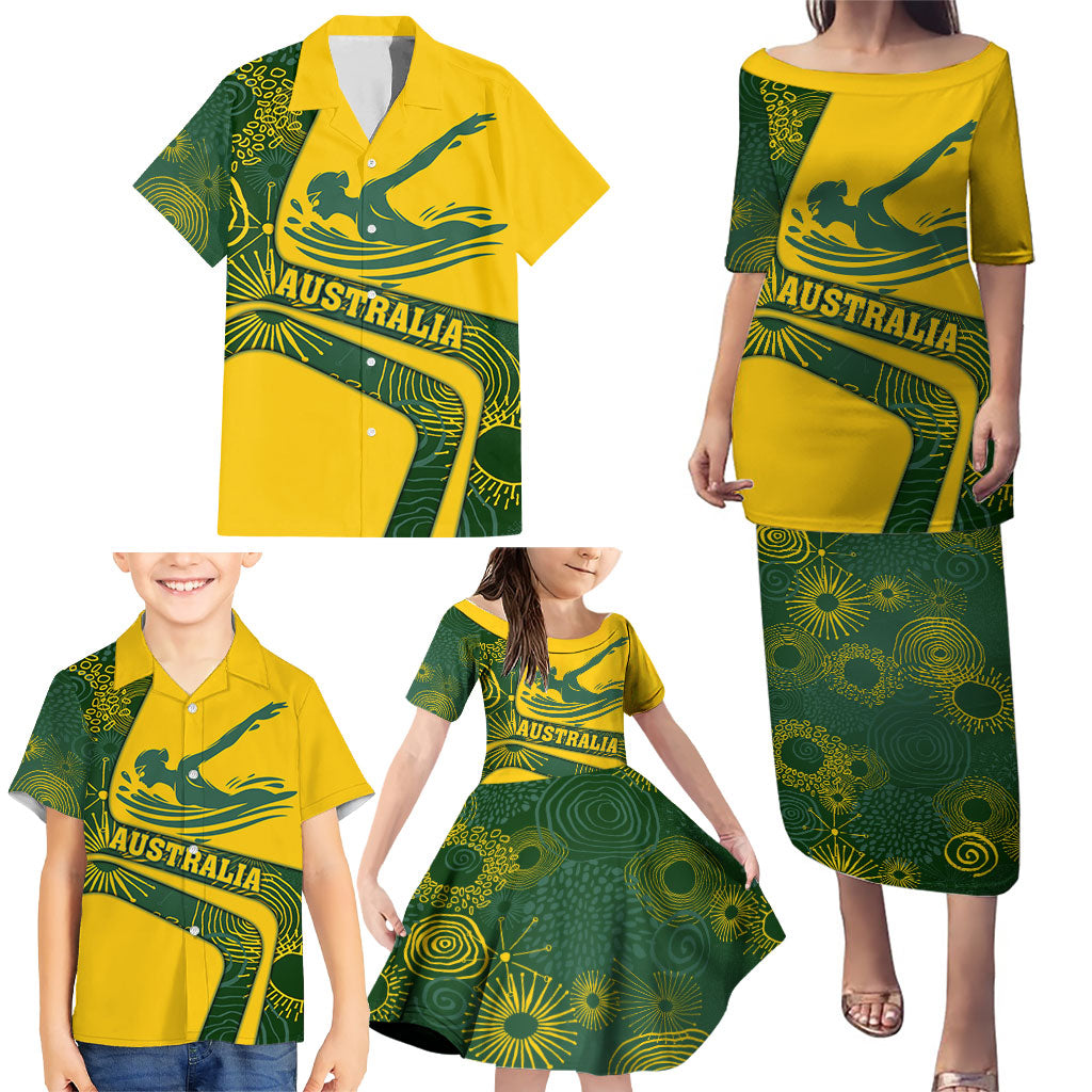 Personalized Australia Swimming Athlete Family Matching Puletasi and Hawaiian Shirt Bold Swimmer Silhouette With Indigenous Pattern Accents