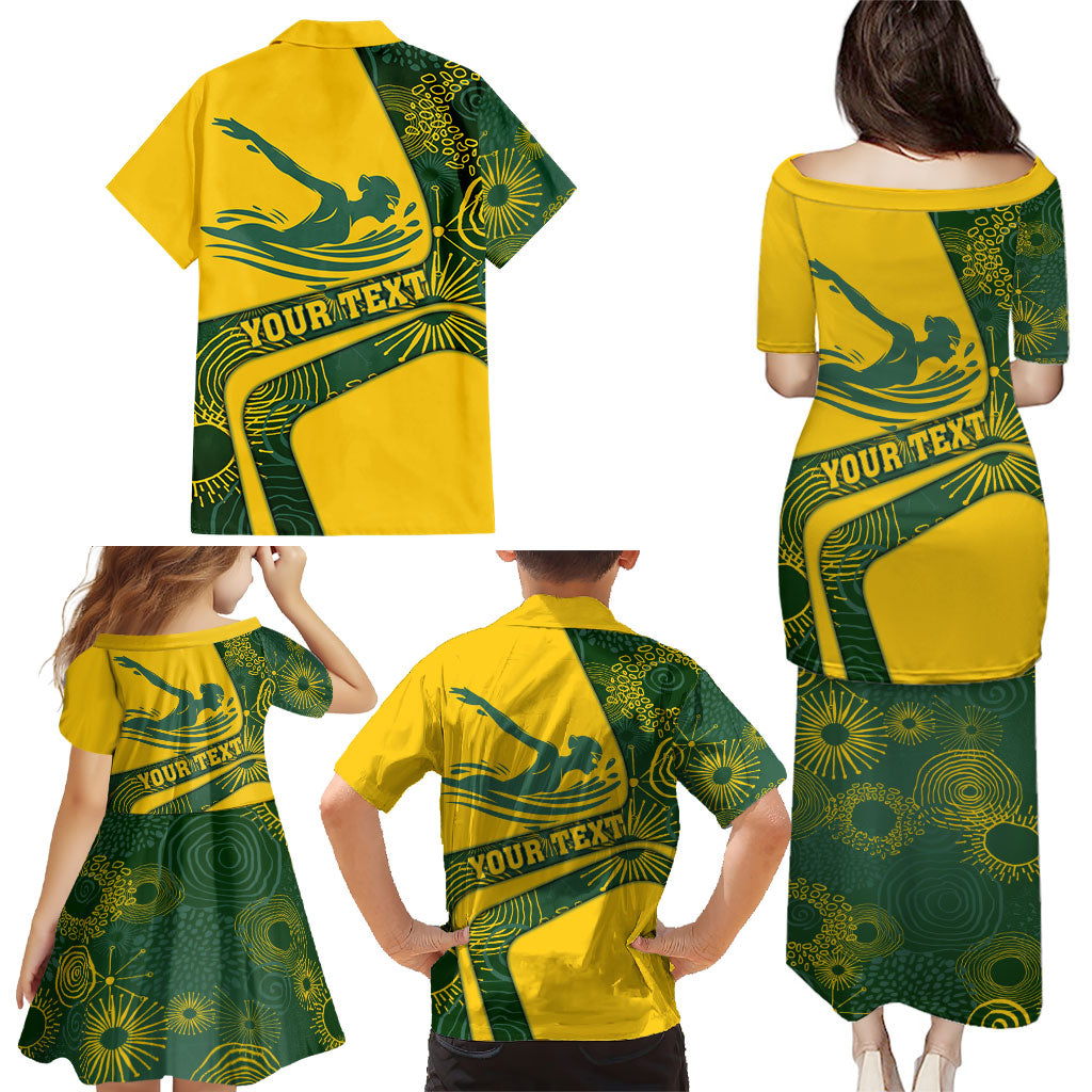 Personalized Australia Swimming Athlete Family Matching Puletasi and Hawaiian Shirt Bold Swimmer Silhouette With Indigenous Pattern Accents
