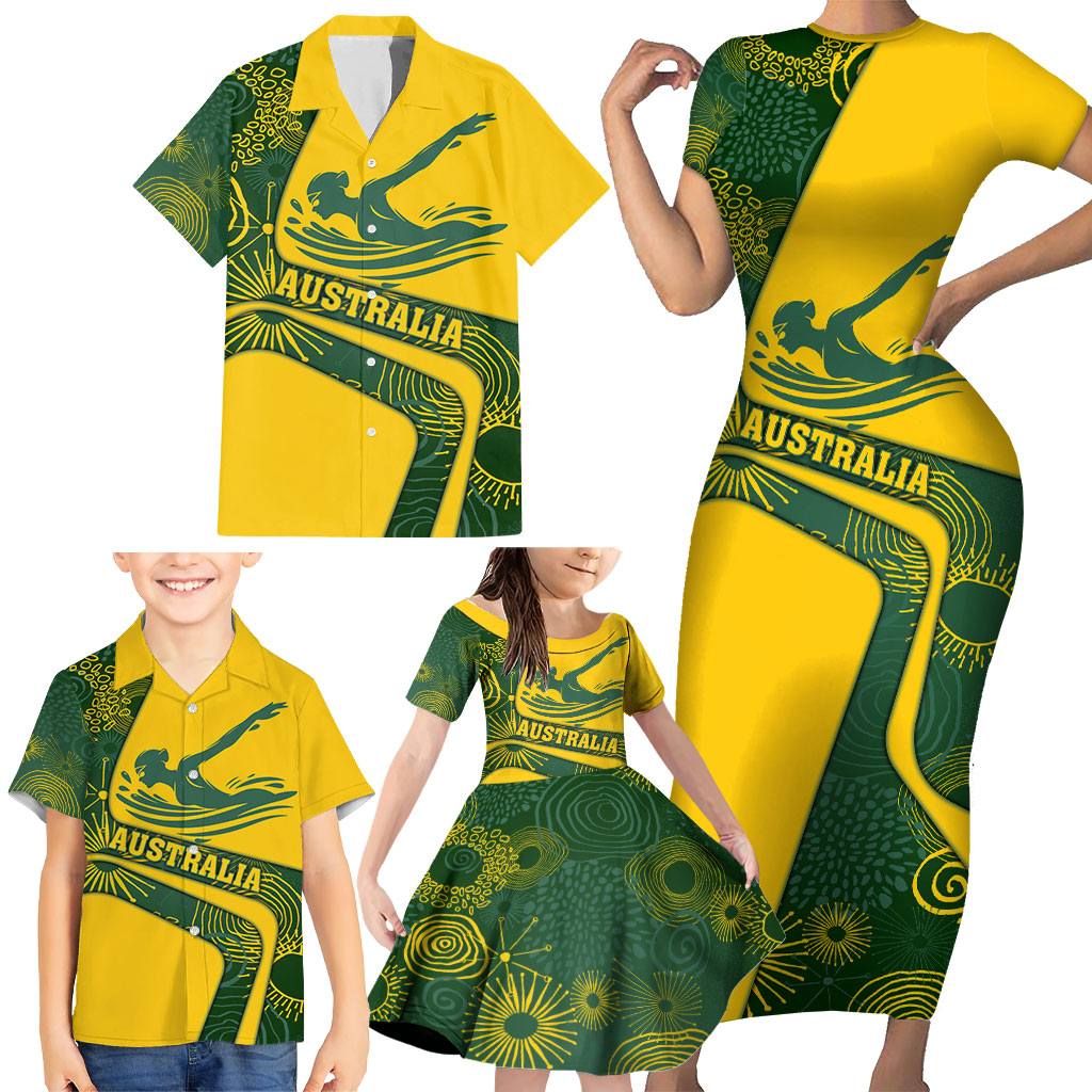 Personalized Australia Swimming Athlete Family Matching Short Sleeve Bodycon Dress and Hawaiian Shirt Bold Swimmer Silhouette With Indigenous Pattern Accents
