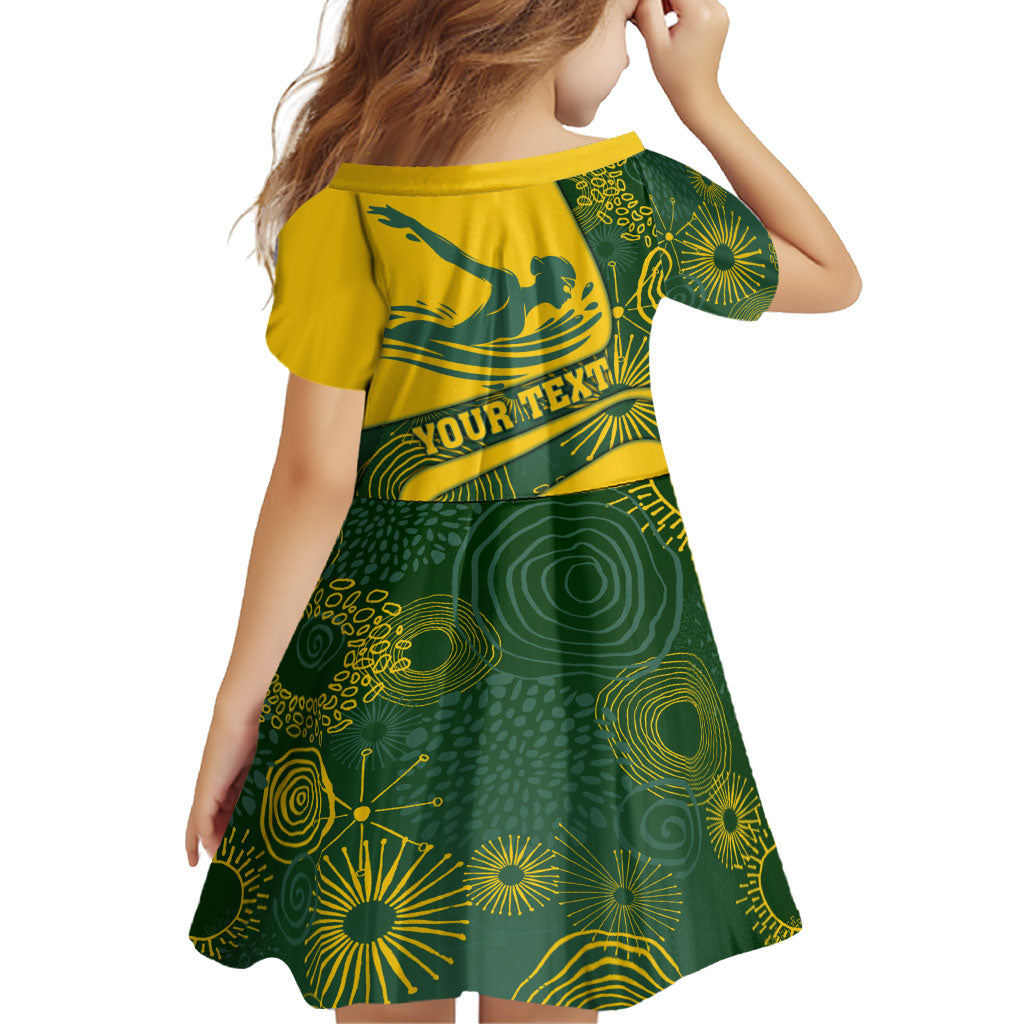 Personalized Australia Swimming Athlete Family Matching Short Sleeve Bodycon Dress and Hawaiian Shirt Bold Swimmer Silhouette With Indigenous Pattern Accents