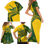 Personalized Australia Swimming Athlete Family Matching Short Sleeve Bodycon Dress and Hawaiian Shirt Bold Swimmer Silhouette With Indigenous Pattern Accents