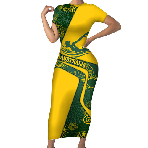 Personalized Australia Swimming Athlete Family Matching Short Sleeve Bodycon Dress and Hawaiian Shirt Bold Swimmer Silhouette With Indigenous Pattern Accents