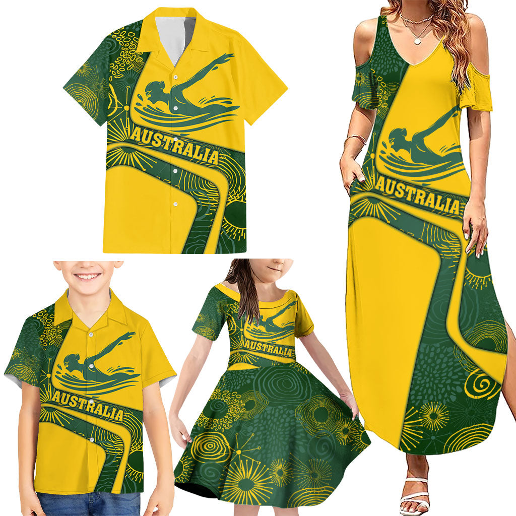 Personalized Australia Swimming Athlete Family Matching Summer Maxi Dress and Hawaiian Shirt Bold Swimmer Silhouette With Indigenous Pattern Accents