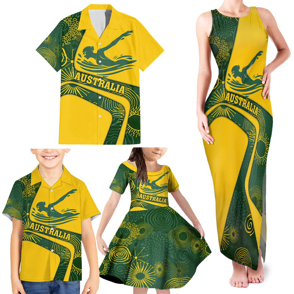 Personalized Australia Swimming Athlete Family Matching Tank Maxi Dress and Hawaiian Shirt Bold Swimmer Silhouette With Indigenous Pattern Accents