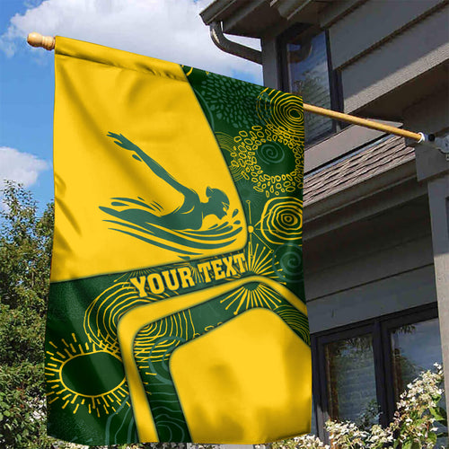 Personalized Australia Swimming Athlete Garden Flag Bold Swimmer Silhouette With Indigenous Pattern Accents