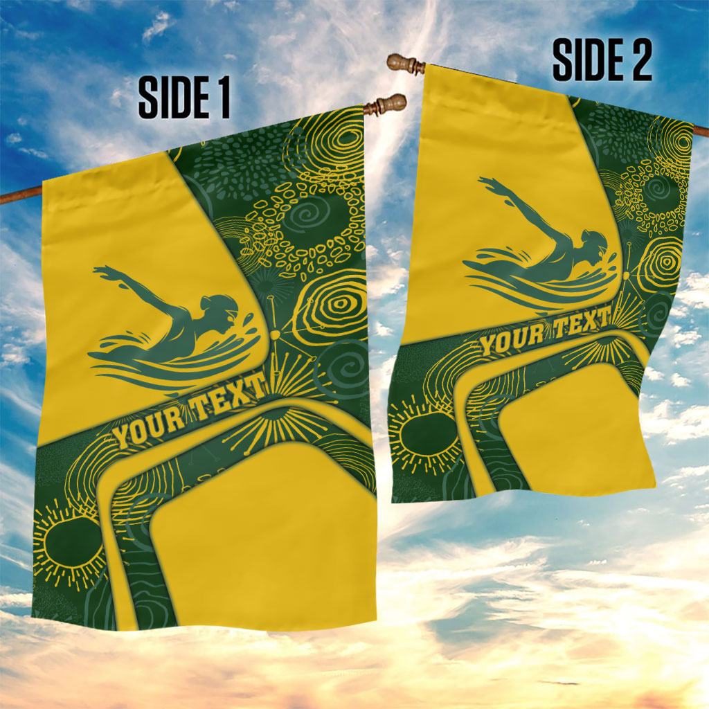 Personalized Australia Swimming Athlete Garden Flag Bold Swimmer Silhouette With Indigenous Pattern Accents