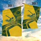 Personalized Australia Swimming Athlete Garden Flag Bold Swimmer Silhouette With Indigenous Pattern Accents