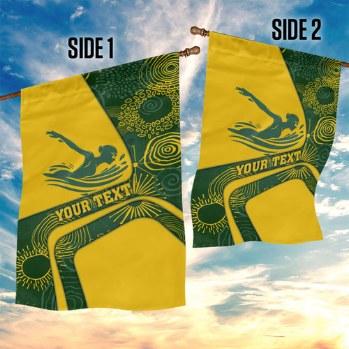 Personalized Australia Swimming Athlete Garden Flag Bold Swimmer Silhouette With Indigenous Pattern Accents
