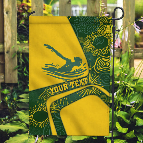 Personalized Australia Swimming Athlete Garden Flag Bold Swimmer Silhouette With Indigenous Pattern Accents