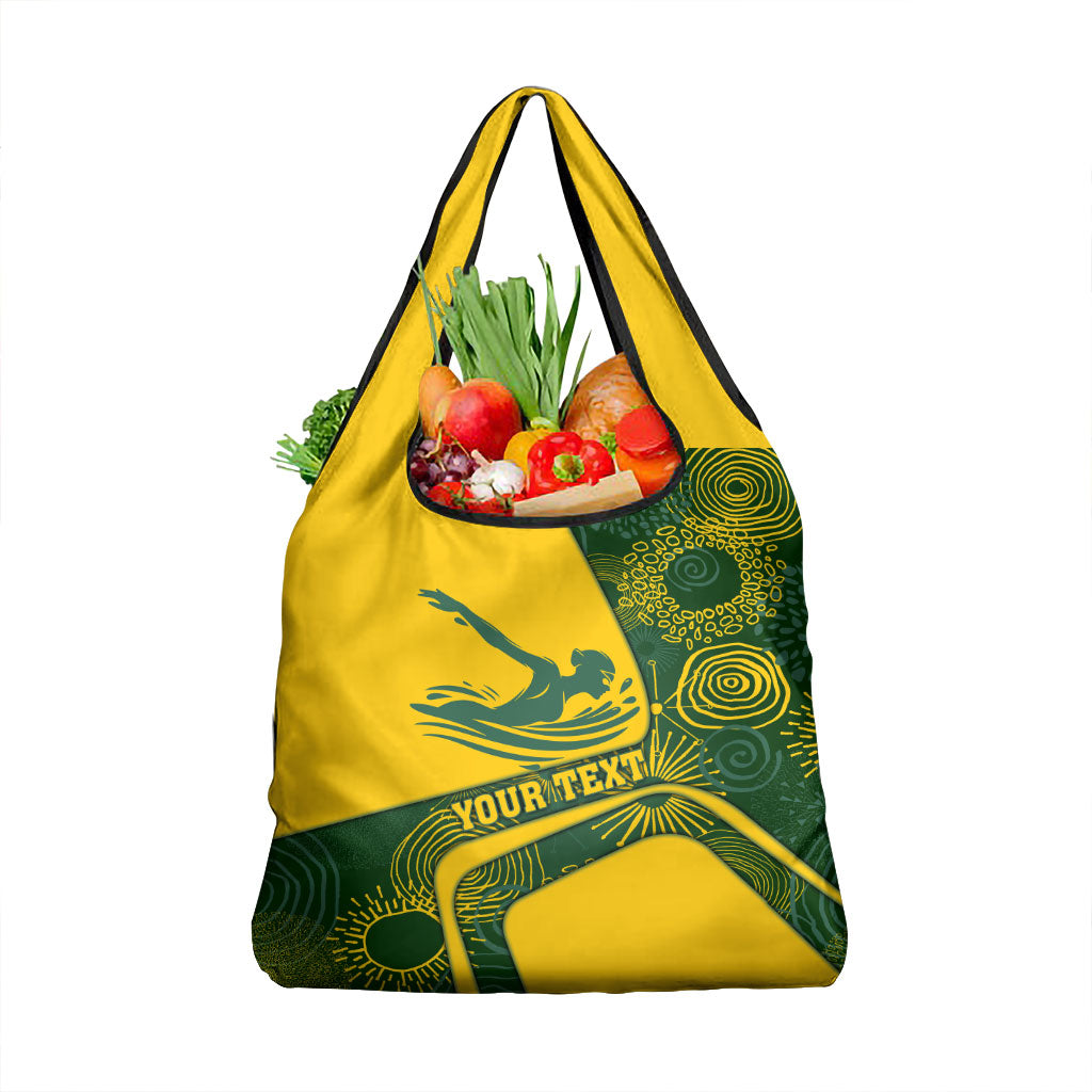 Personalized Australia Swimming Athlete Grocery Bag Bold Swimmer Silhouette With Indigenous Pattern Accents