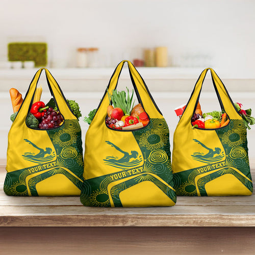 Personalized Australia Swimming Athlete Grocery Bag Bold Swimmer Silhouette With Indigenous Pattern Accents