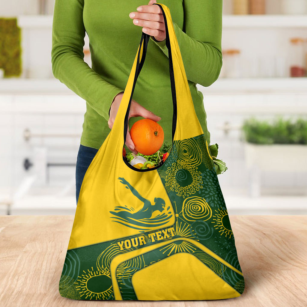 Personalized Australia Swimming Athlete Grocery Bag Bold Swimmer Silhouette With Indigenous Pattern Accents