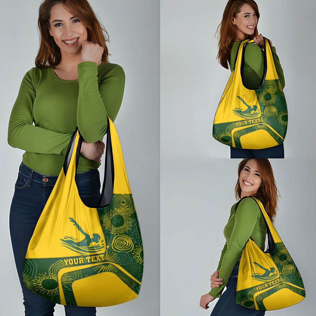 Personalized Australia Swimming Athlete Grocery Bag Bold Swimmer Silhouette With Indigenous Pattern Accents