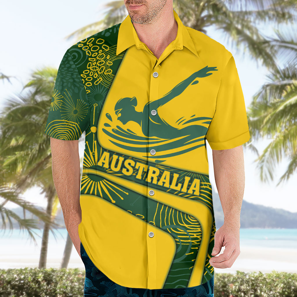 Personalized Australia Swimming Athlete Hawaiian Shirt Bold Swimmer Silhouette With Indigenous Pattern Accents