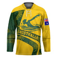 Personalized Australia Swimming Athlete Hockey Jersey Bold Swimmer Silhouette With Indigenous Pattern Accents