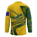 Personalized Australia Swimming Athlete Hockey Jersey Bold Swimmer Silhouette With Indigenous Pattern Accents