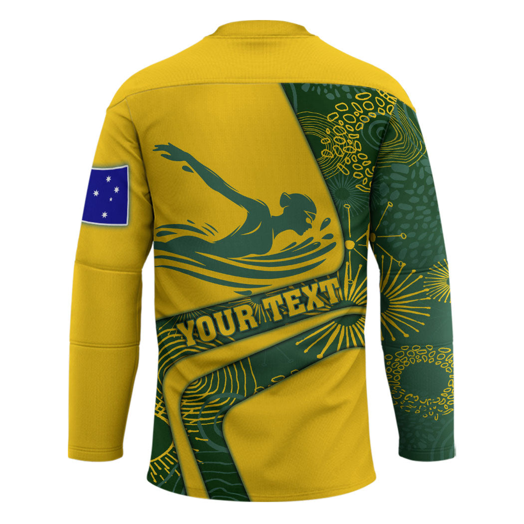Personalized Australia Swimming Athlete Hockey Jersey Bold Swimmer Silhouette With Indigenous Pattern Accents