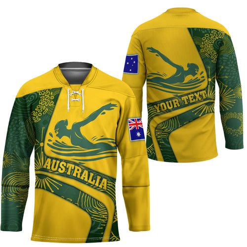 Personalized Australia Swimming Athlete Hockey Jersey Bold Swimmer Silhouette With Indigenous Pattern Accents