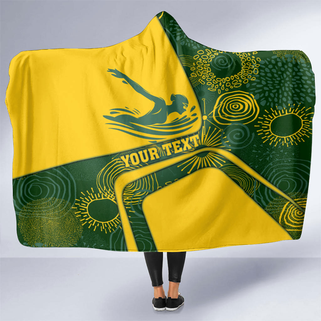 Personalized Australia Swimming Athlete Hooded Blanket Bold Swimmer Silhouette With Indigenous Pattern Accents