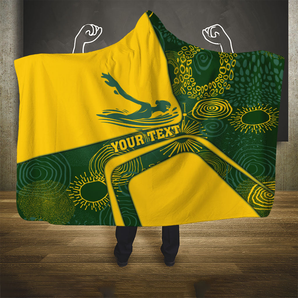 Personalized Australia Swimming Athlete Hooded Blanket Bold Swimmer Silhouette With Indigenous Pattern Accents