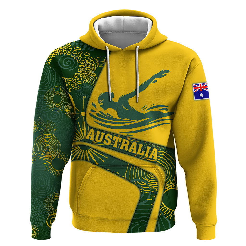 Personalized Australia Swimming Athlete Hoodie Bold Swimmer Silhouette With Indigenous Pattern Accents