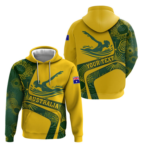Personalized Australia Swimming Athlete Hoodie Bold Swimmer Silhouette With Indigenous Pattern Accents