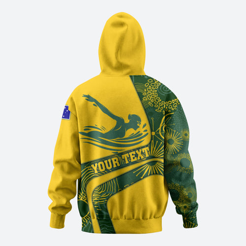 Personalized Australia Swimming Athlete Hoodie Bold Swimmer Silhouette With Indigenous Pattern Accents