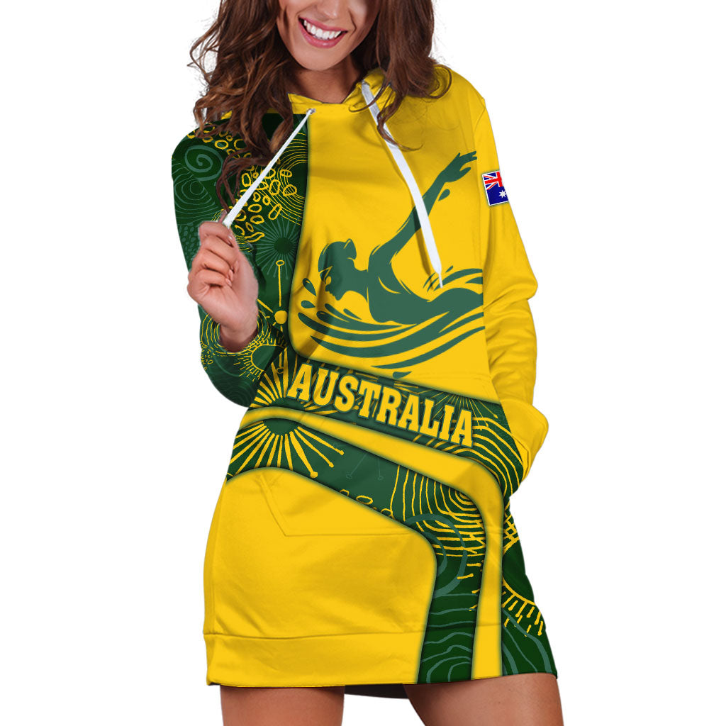 Personalized Australia Swimming Athlete Hoodie Dress Bold Swimmer Silhouette With Indigenous Pattern Accents