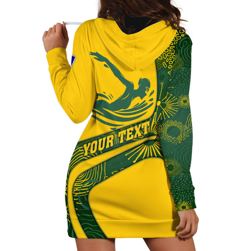 Personalized Australia Swimming Athlete Hoodie Dress Bold Swimmer Silhouette With Indigenous Pattern Accents