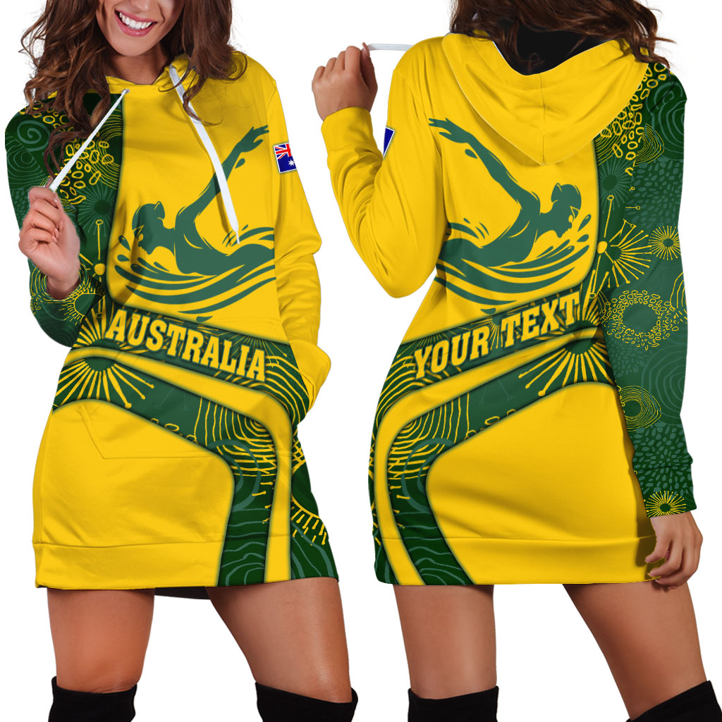 Personalized Australia Swimming Athlete Hoodie Dress Bold Swimmer Silhouette With Indigenous Pattern Accents