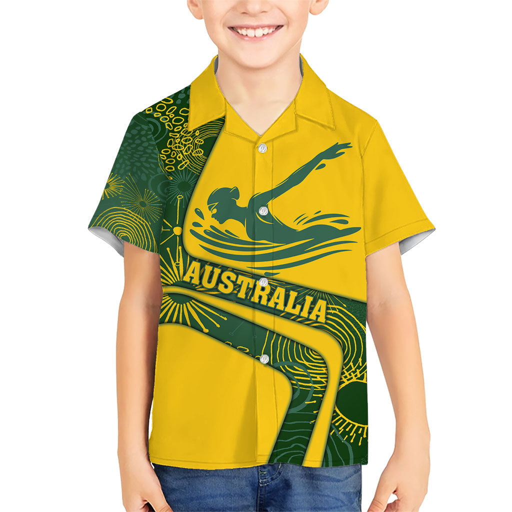 Personalized Australia Swimming Athlete Kid Hawaiian Shirt Bold Swimmer Silhouette With Indigenous Pattern Accents
