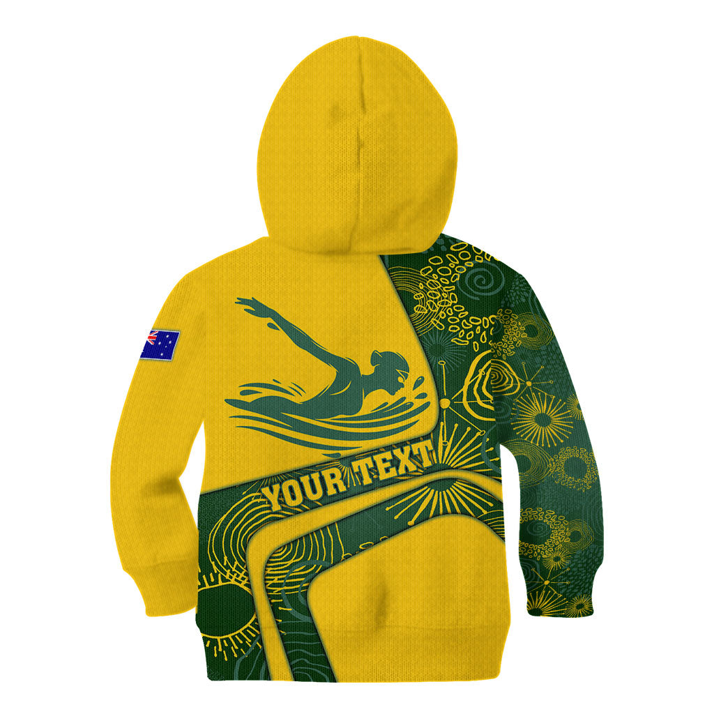 Personalized Australia Swimming Athlete Kid Hoodie Bold Swimmer Silhouette With Indigenous Pattern Accents