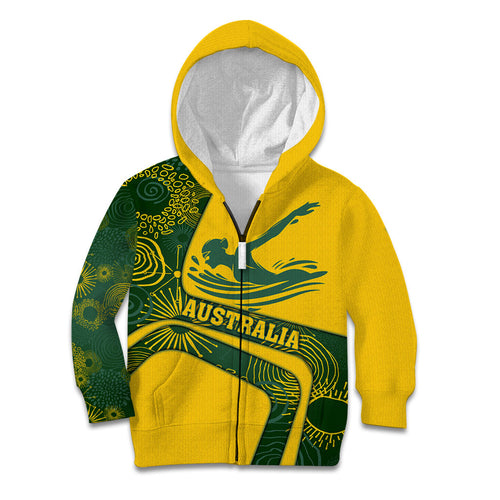 Personalized Australia Swimming Athlete Kid Hoodie Bold Swimmer Silhouette With Indigenous Pattern Accents