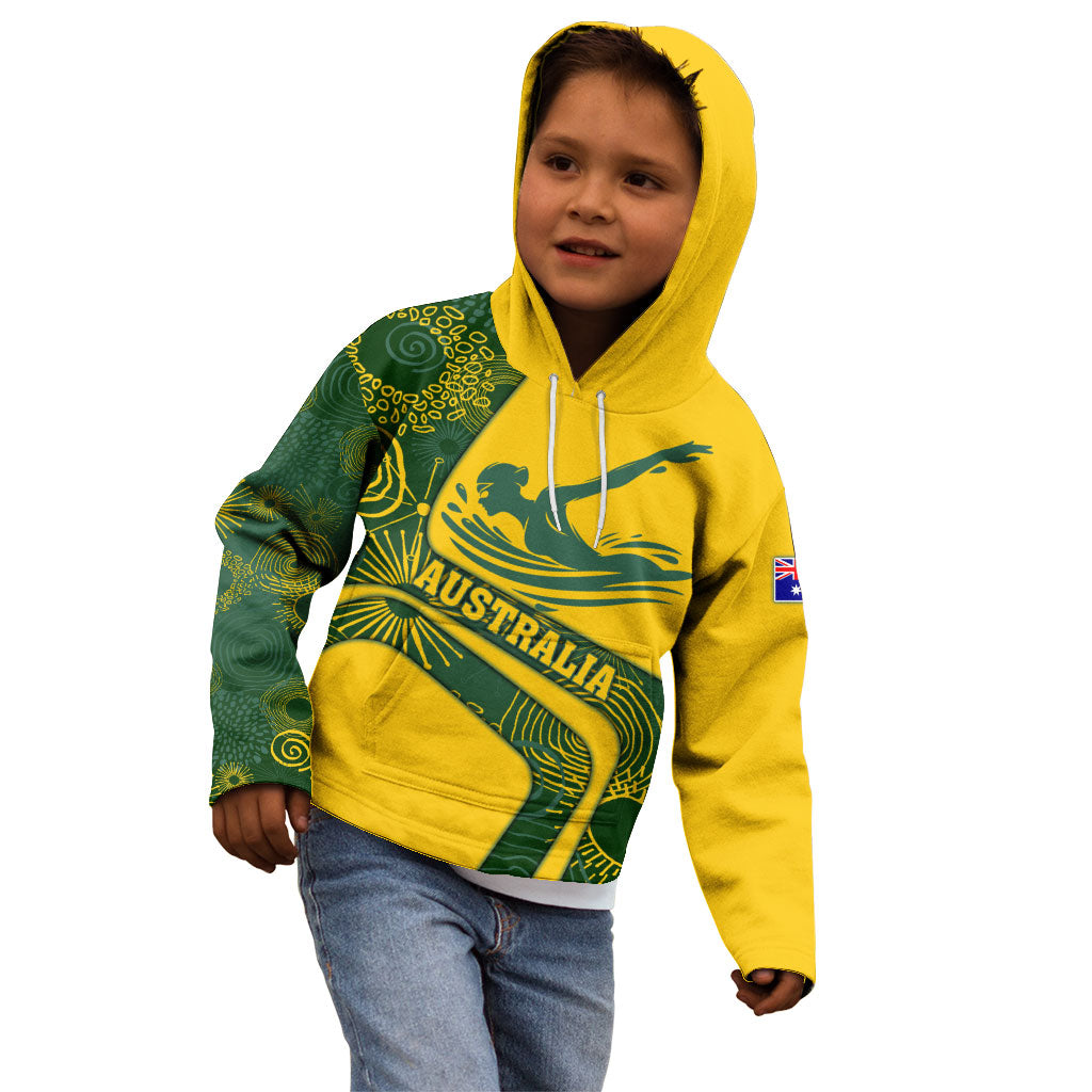 Personalized Australia Swimming Athlete Kid Hoodie Bold Swimmer Silhouette With Indigenous Pattern Accents