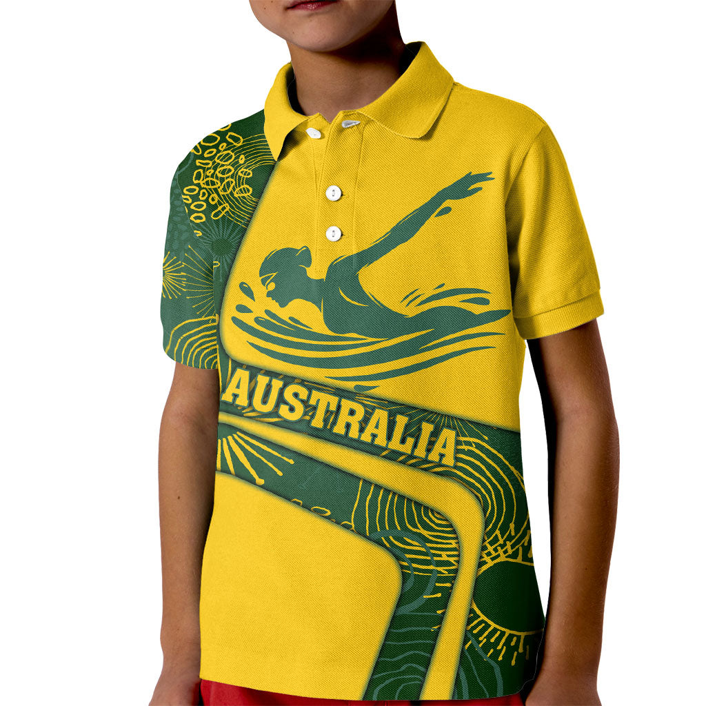 Personalized Australia Swimming Athlete Kid Polo Shirt Bold Swimmer Silhouette With Indigenous Pattern Accents