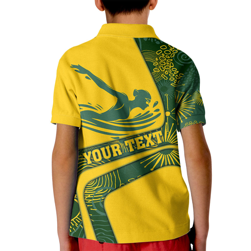 Personalized Australia Swimming Athlete Kid Polo Shirt Bold Swimmer Silhouette With Indigenous Pattern Accents