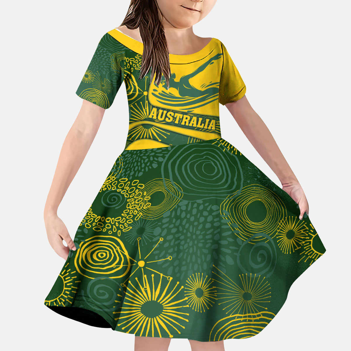 Personalized Australia Swimming Athlete Kid Short Sleeve Dress Bold Swimmer Silhouette With Indigenous Pattern Accents