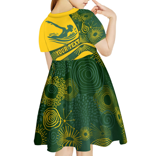 Personalized Australia Swimming Athlete Kid Short Sleeve Dress Bold Swimmer Silhouette With Indigenous Pattern Accents