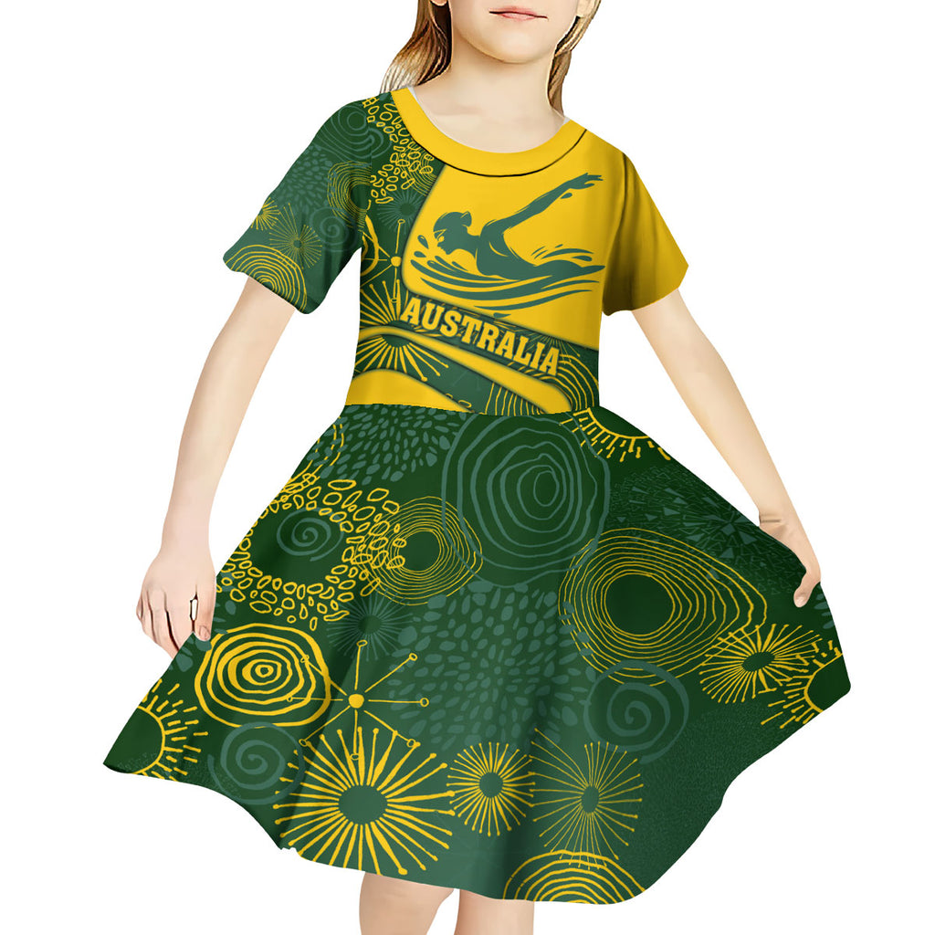 Personalized Australia Swimming Athlete Kid Short Sleeve Dress Bold Swimmer Silhouette With Indigenous Pattern Accents