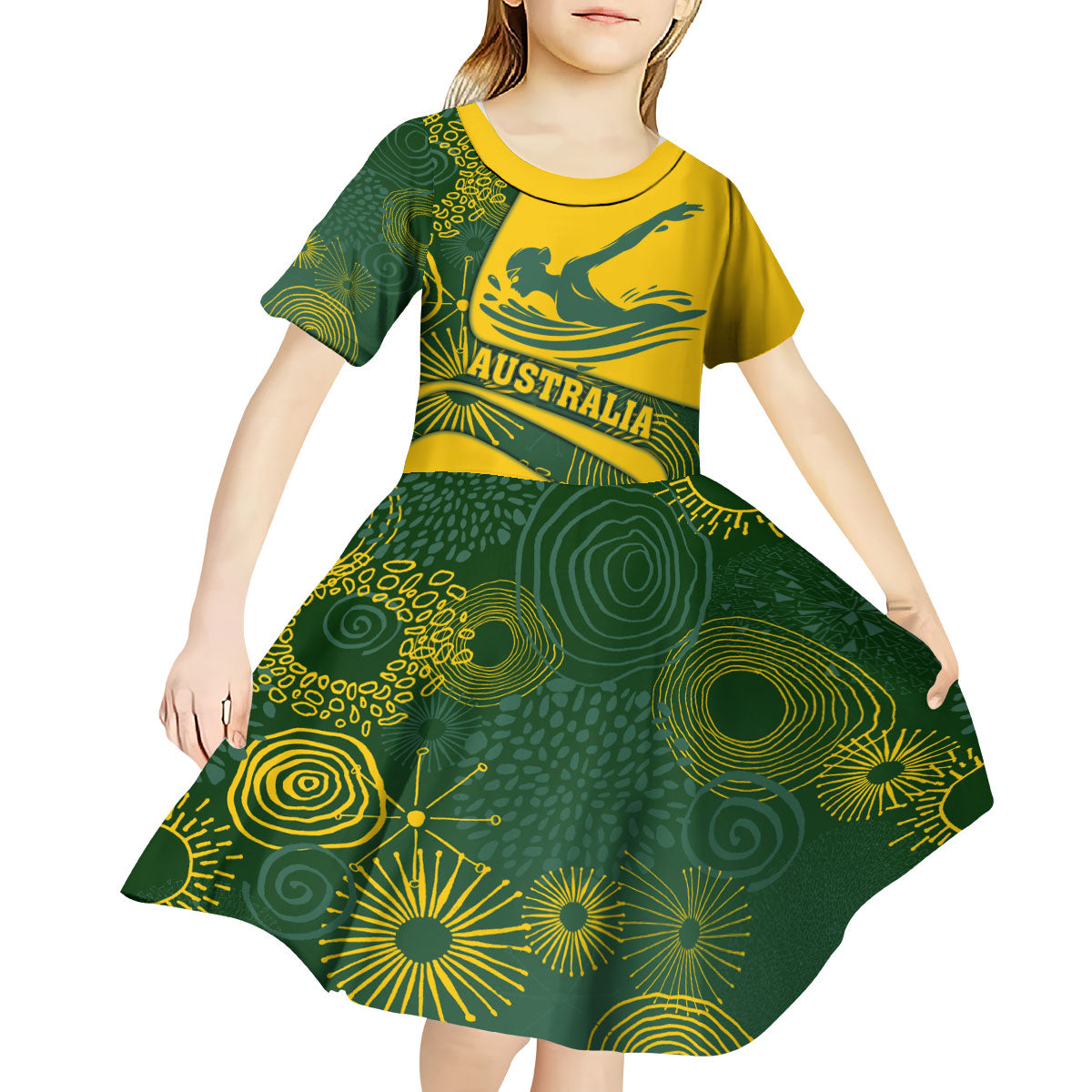 Personalized Australia Swimming Athlete Kid Short Sleeve Dress Bold Swimmer Silhouette With Indigenous Pattern Accents