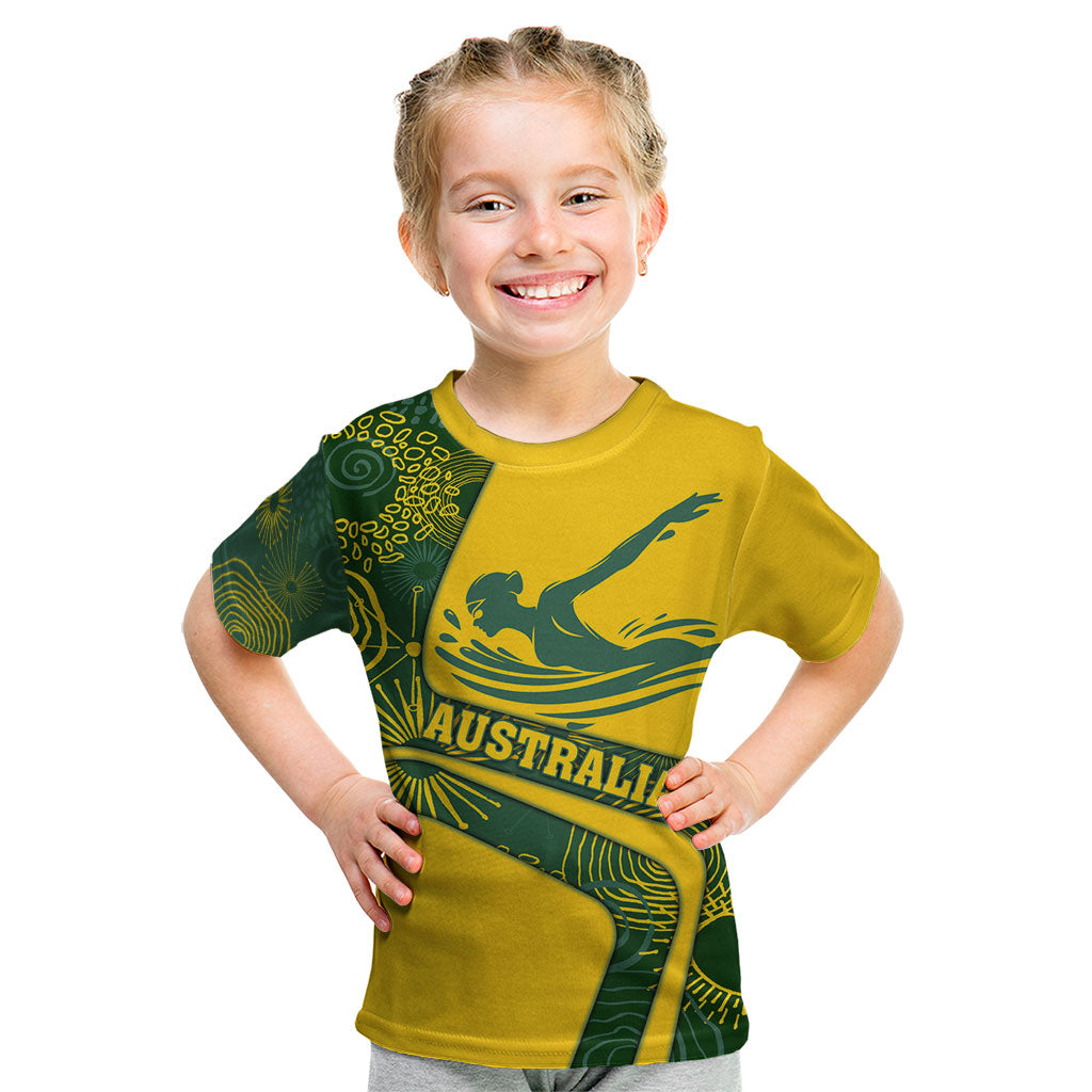 Personalized Australia Swimming Athlete Kid T Shirt Bold Swimmer Silhouette With Indigenous Pattern Accents