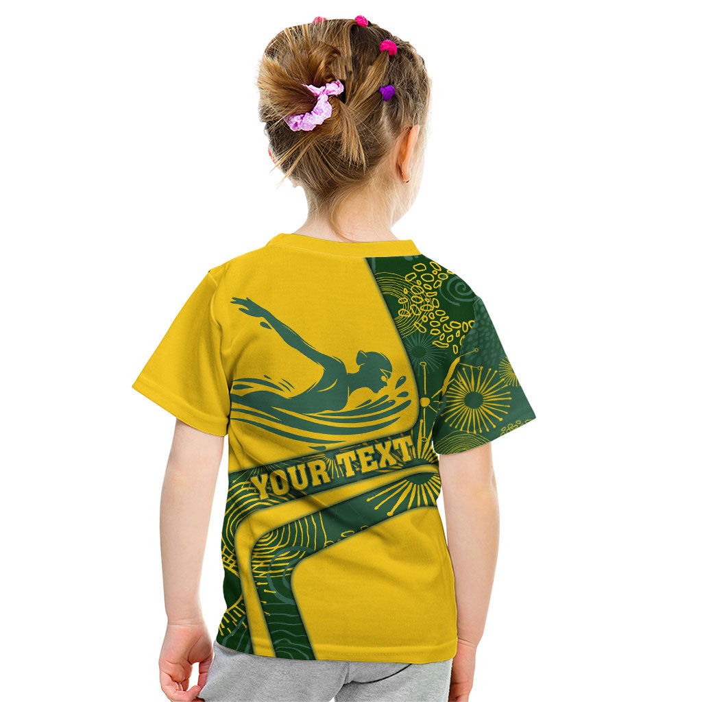 Personalized Australia Swimming Athlete Kid T Shirt Bold Swimmer Silhouette With Indigenous Pattern Accents