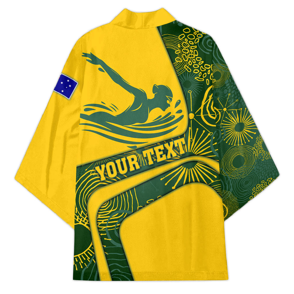 Personalized Australia Swimming Athlete Kimono Bold Swimmer Silhouette With Indigenous Pattern Accents